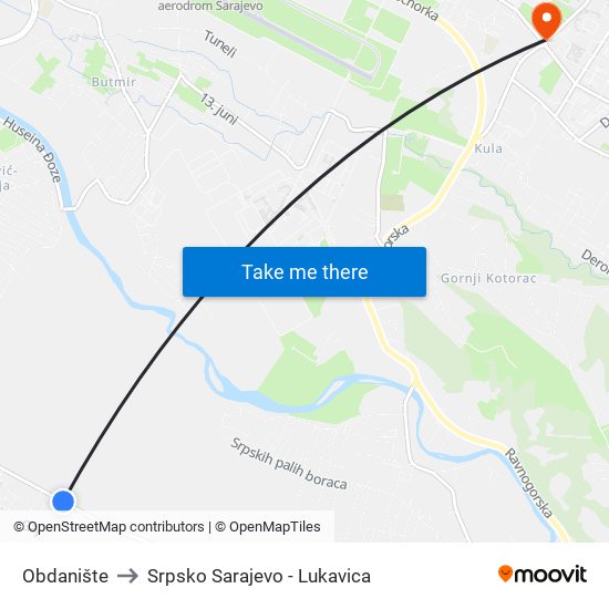 Obdanište to Srpsko Sarajevo - Lukavica map