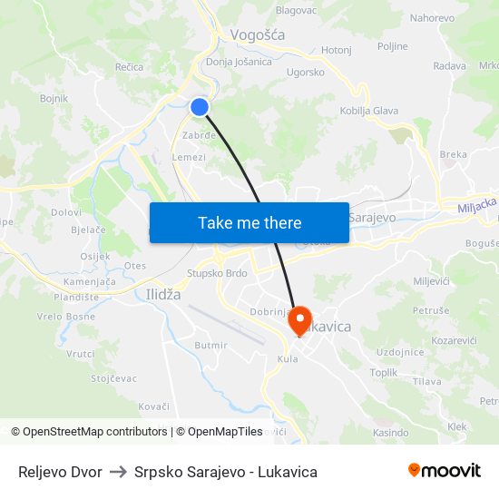 Reljevo Dvor to Srpsko Sarajevo - Lukavica map