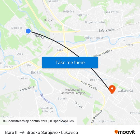 Bare II to Srpsko Sarajevo - Lukavica map