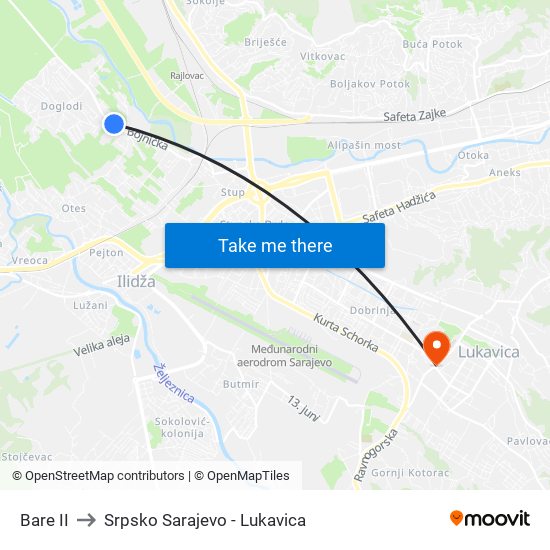 Bare II to Srpsko Sarajevo - Lukavica map
