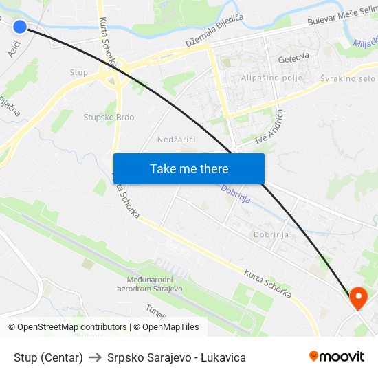 Stup (Centar) to Srpsko Sarajevo - Lukavica map