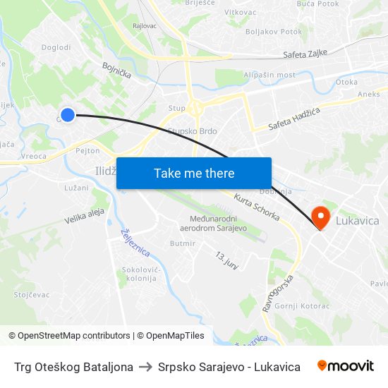 Trg Oteškog Bataljona to Srpsko Sarajevo - Lukavica map