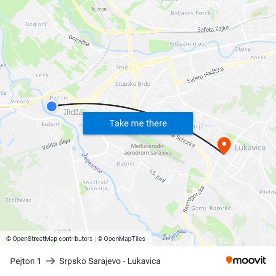 Pejton 1 to Srpsko Sarajevo - Lukavica map