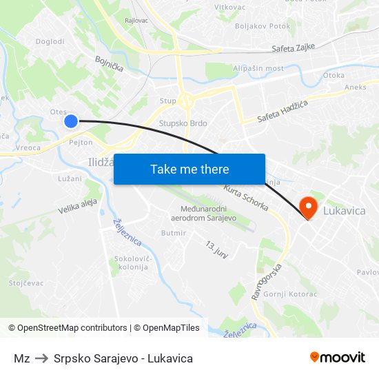 Mz to Srpsko Sarajevo - Lukavica map