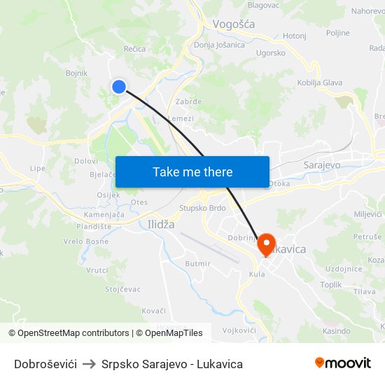Dobroševići to Srpsko Sarajevo - Lukavica map