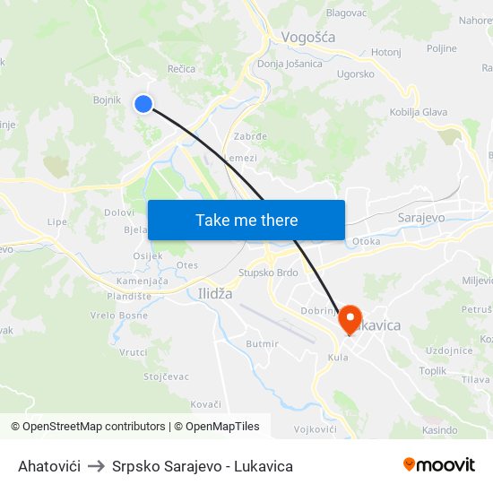 Ahatovići to Srpsko Sarajevo - Lukavica map