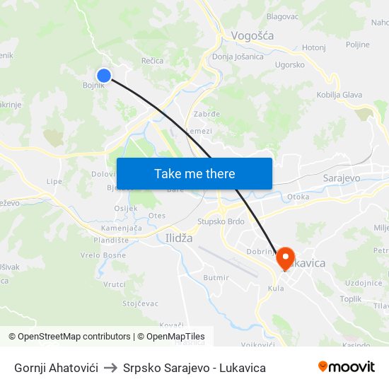 Gornji Ahatovići to Srpsko Sarajevo - Lukavica map