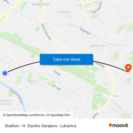 Stadion to Srpsko Sarajevo - Lukavica map