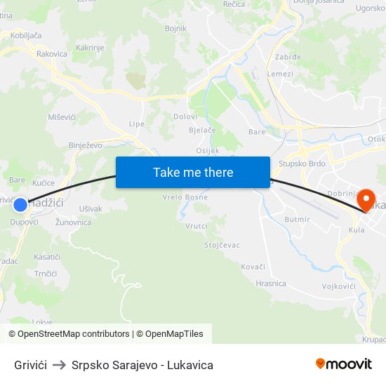 Grivići to Srpsko Sarajevo - Lukavica map