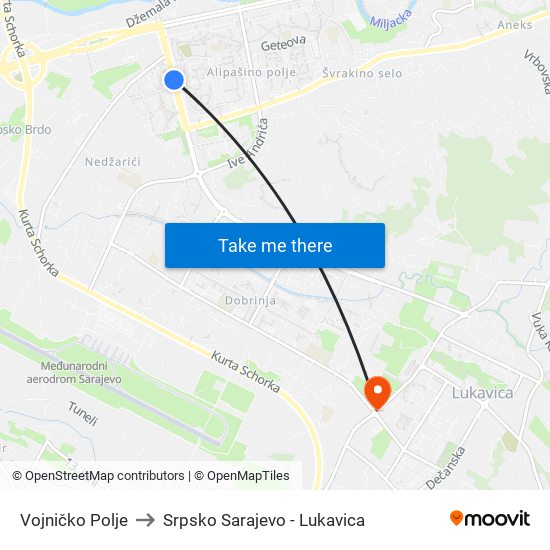 Vojničko Polje to Srpsko Sarajevo - Lukavica map