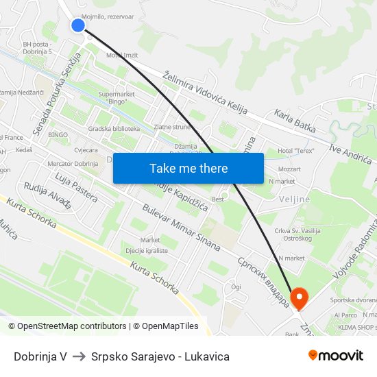 Dobrinja V to Srpsko Sarajevo - Lukavica map