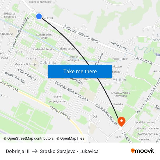 Dobrinja III to Srpsko Sarajevo - Lukavica map