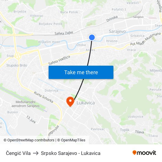 Čengić Vila to Srpsko Sarajevo - Lukavica map