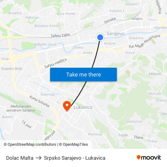 Dolac Malta to Srpsko Sarajevo - Lukavica map