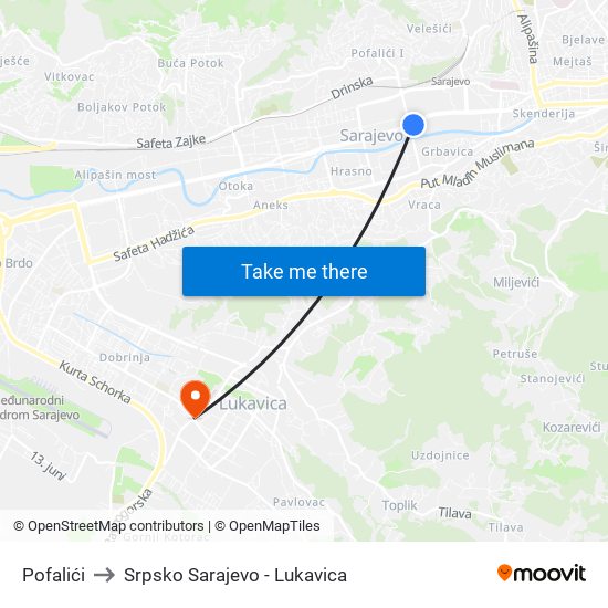 Pofalići to Srpsko Sarajevo - Lukavica map