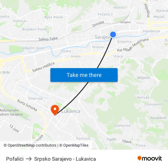 Pofalići to Srpsko Sarajevo - Lukavica map