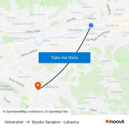 Univerzitet to Srpsko Sarajevo - Lukavica map