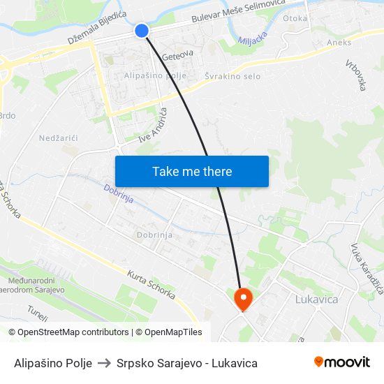 Alipašino Polje to Srpsko Sarajevo - Lukavica map