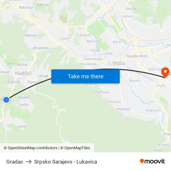 Gradac to Srpsko Sarajevo - Lukavica map