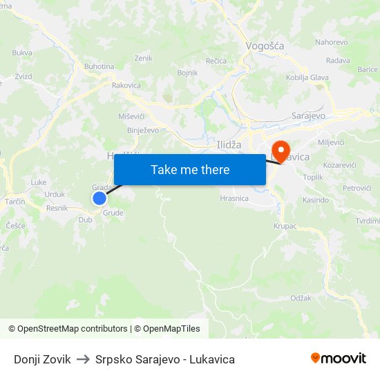 Donji Zovik to Srpsko Sarajevo - Lukavica map