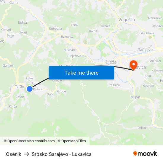 Osenik to Srpsko Sarajevo - Lukavica map