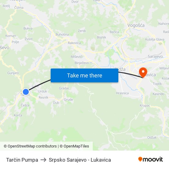 Tarčin Pumpa to Srpsko Sarajevo - Lukavica map