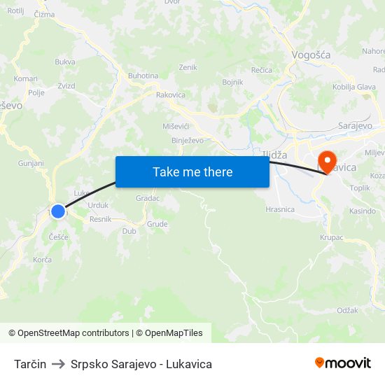 Tarčin to Srpsko Sarajevo - Lukavica map