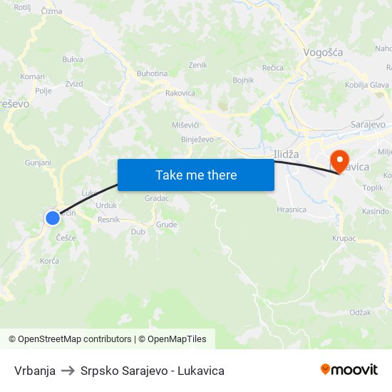 Vrbanja to Srpsko Sarajevo - Lukavica map