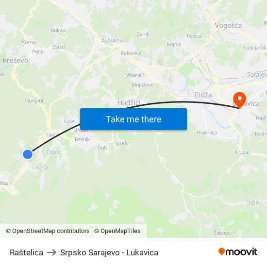 Raštelica to Srpsko Sarajevo - Lukavica map