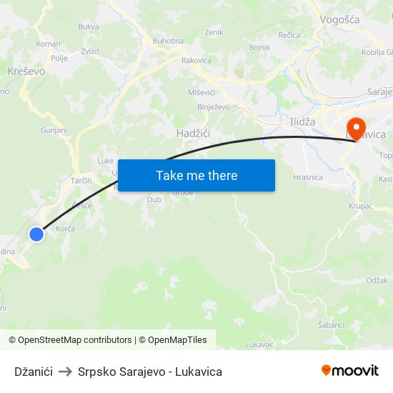 Džanići to Srpsko Sarajevo - Lukavica map