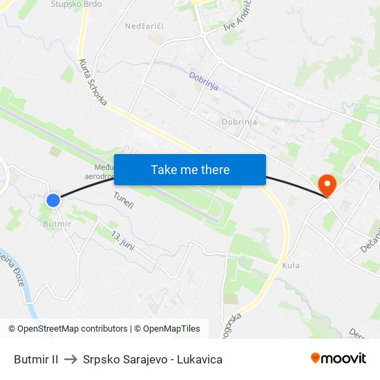 Butmir II to Srpsko Sarajevo - Lukavica map