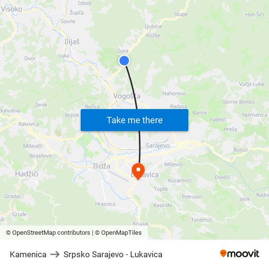 Kamenica to Srpsko Sarajevo - Lukavica map