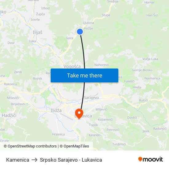 Kamenica to Srpsko Sarajevo - Lukavica map