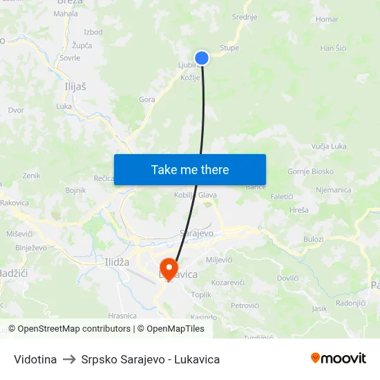 Vidotina to Srpsko Sarajevo - Lukavica map