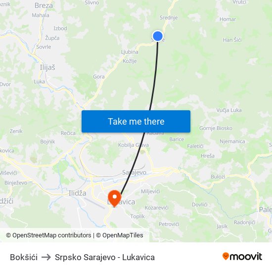 Bokšići to Srpsko Sarajevo - Lukavica map