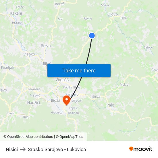 Nišići to Srpsko Sarajevo - Lukavica map