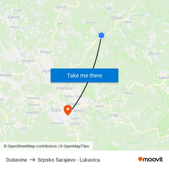 Duševine to Srpsko Sarajevo - Lukavica map