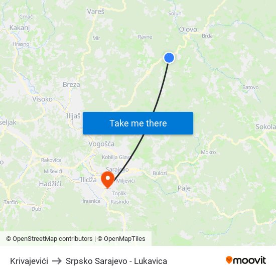 Krivajevići to Srpsko Sarajevo - Lukavica map