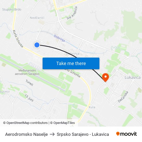 Aerodromsko Naselje to Srpsko Sarajevo - Lukavica map