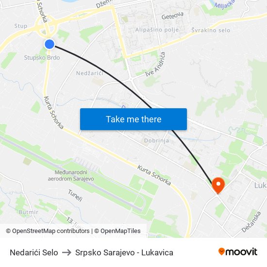 Nedarići Selo to Srpsko Sarajevo - Lukavica map