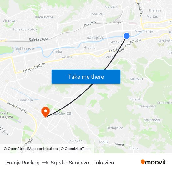 Franje Račkog to Srpsko Sarajevo - Lukavica map