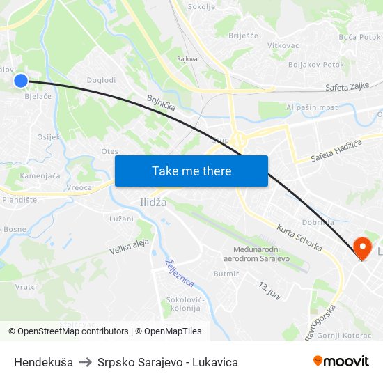 Hendekuša to Srpsko Sarajevo - Lukavica map