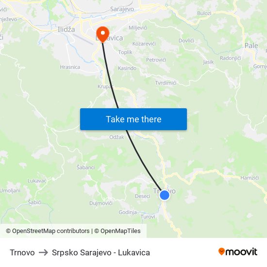 Trnovo to Srpsko Sarajevo - Lukavica map