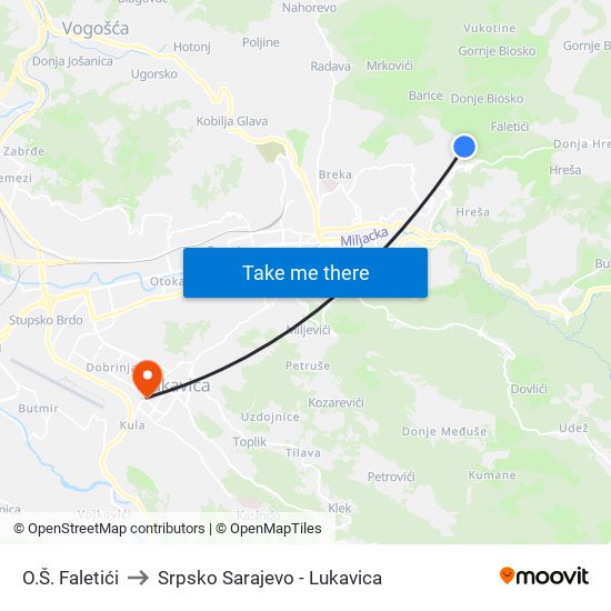 O.Š. Faletići to Srpsko Sarajevo - Lukavica map