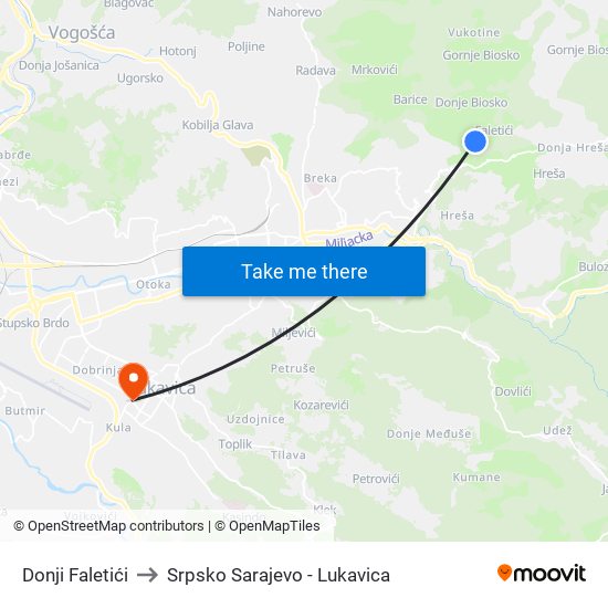 Donji Faletići to Srpsko Sarajevo - Lukavica map