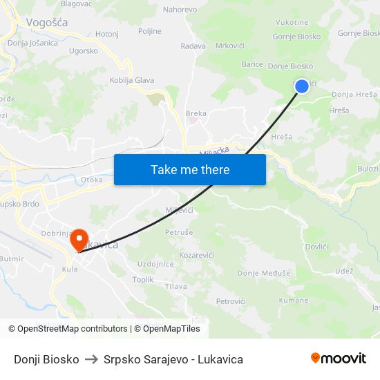 Donji Biosko to Srpsko Sarajevo - Lukavica map