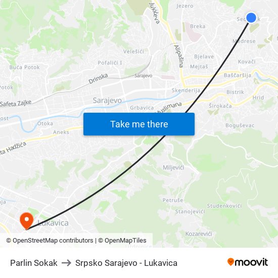 Parlin Sokak to Srpsko Sarajevo - Lukavica map