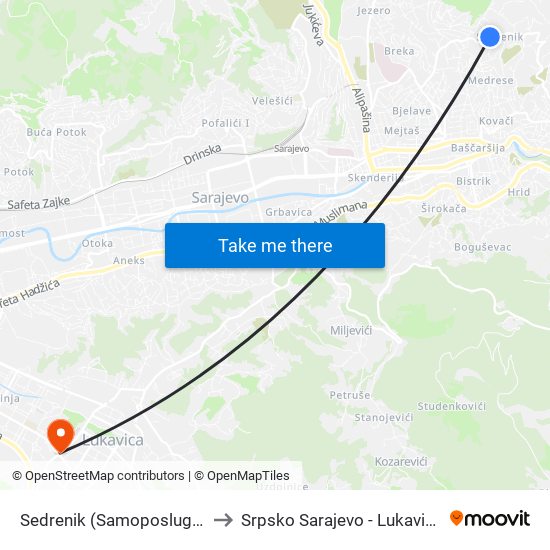Sedrenik (Samoposluga) to Srpsko Sarajevo - Lukavica map