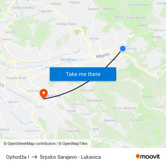 Ophodža I to Srpsko Sarajevo - Lukavica map
