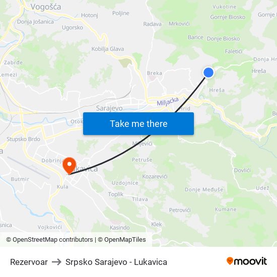 Rezervoar to Srpsko Sarajevo - Lukavica map